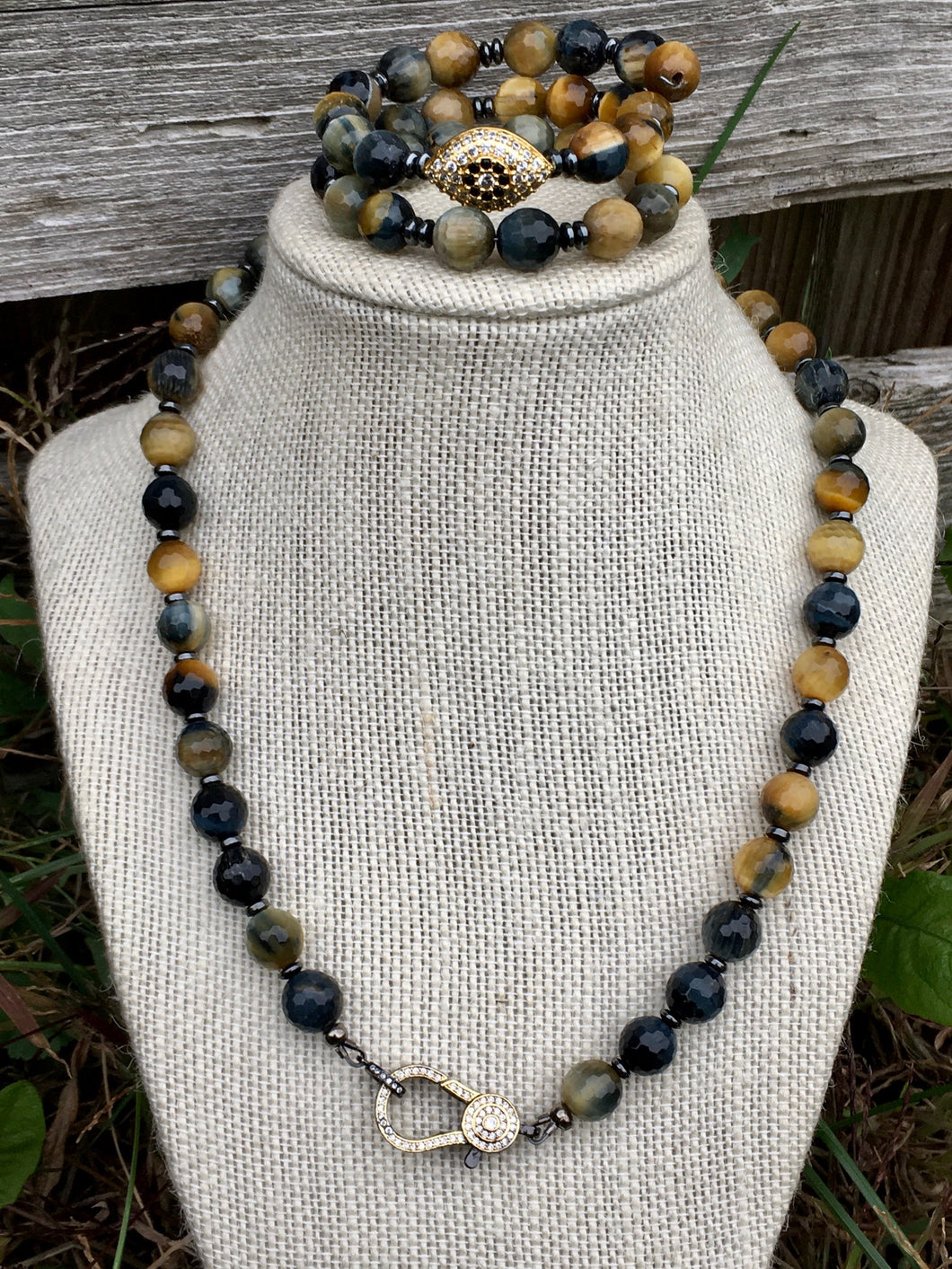 Blue and Gold Tiger Eye Necklace Set